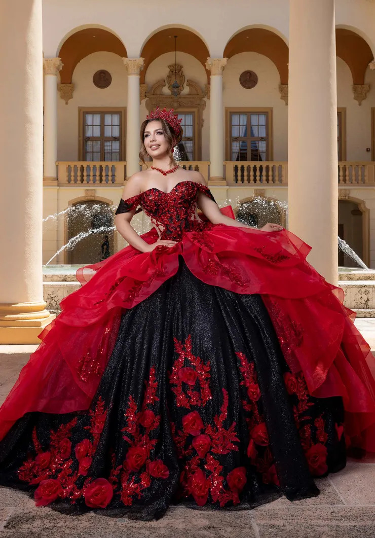 Red and Black Off-the-Shoulder Ballgown with Floral Accents Red and Black Off-the-Shoulder Ballgown with Floral Accents — Quinceanera Dresses