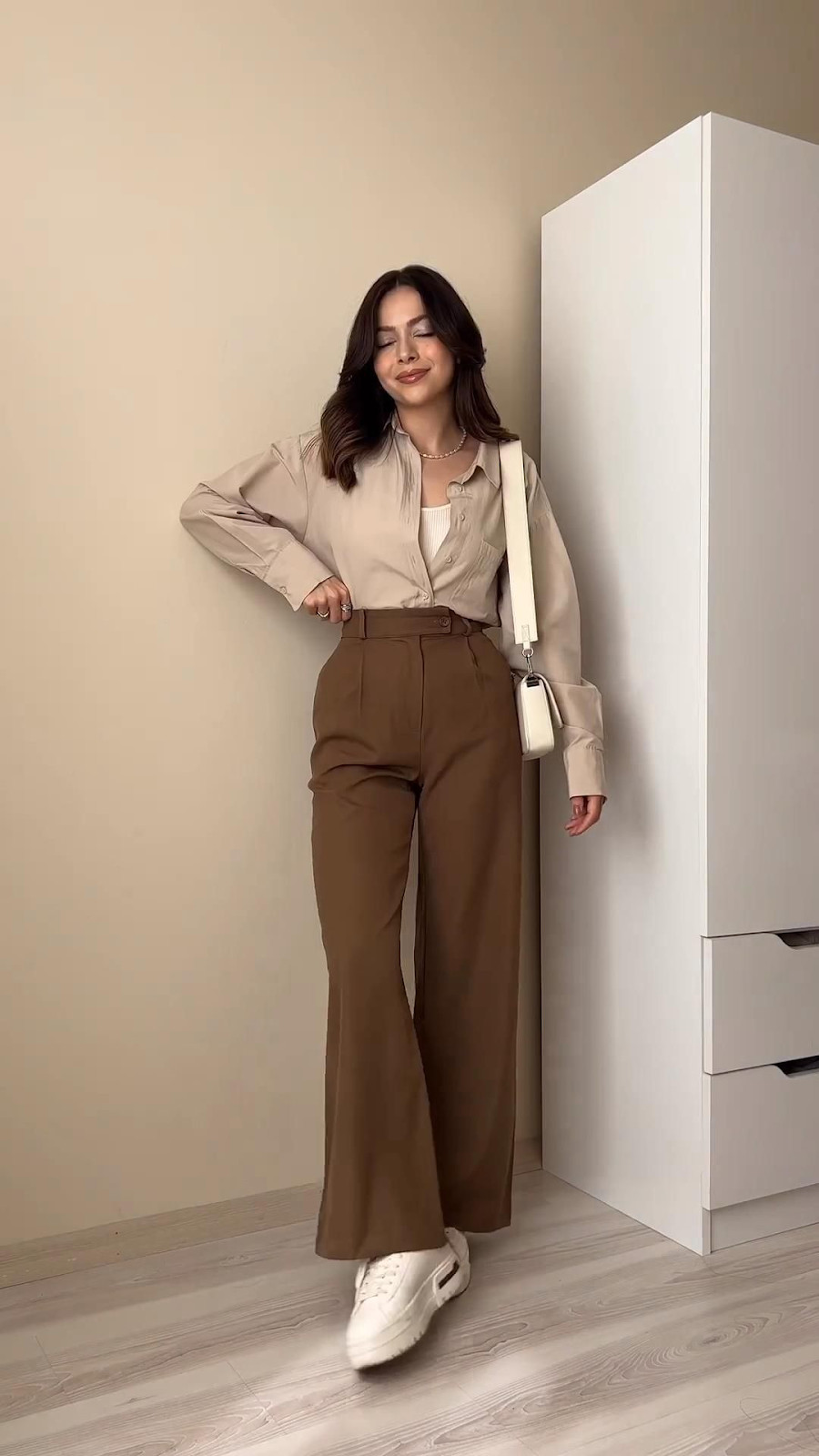 Oversized Shirt and Wide-Leg Pants with White Sneakers — Dressy Casual Outfits
