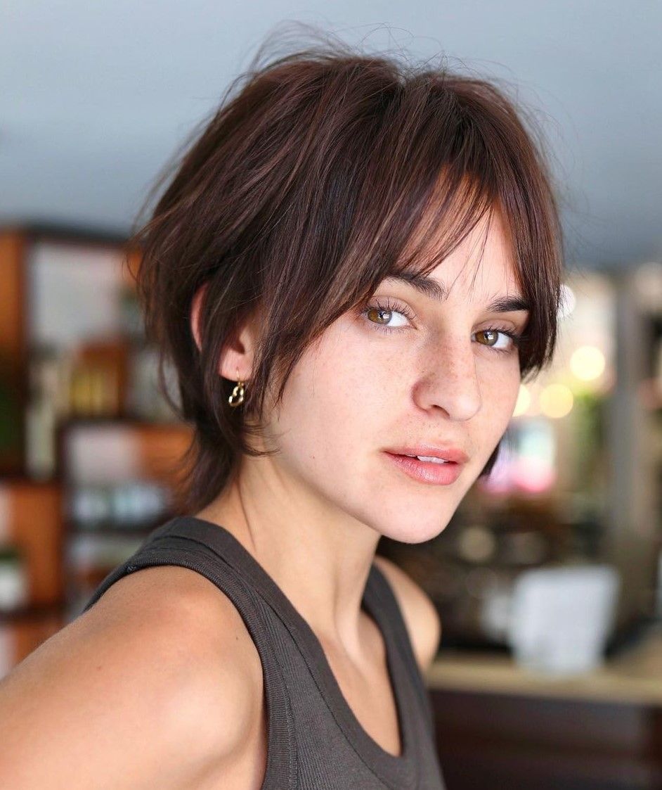 Dark Brown Pixie With Feathered Bangs Dark Brown Pixie With Feathered Bangs — Feathered Hair
