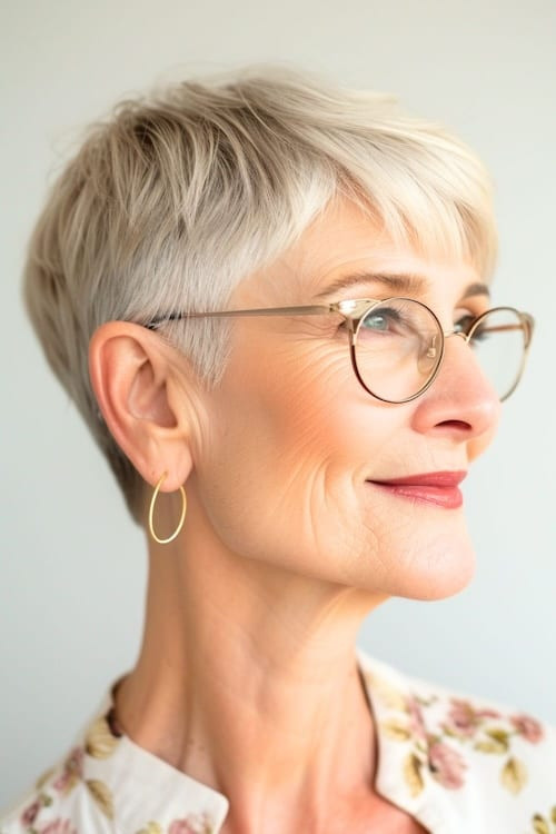 Sleek Platinum Blonde Pixie Sleek Platinum Blonde Pixie — Haircuts for Women Over 60 with Glasses