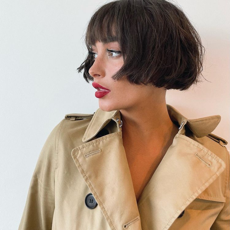 Side View Jawline Dark Brown Bob With Blunt Bangs — French Bob