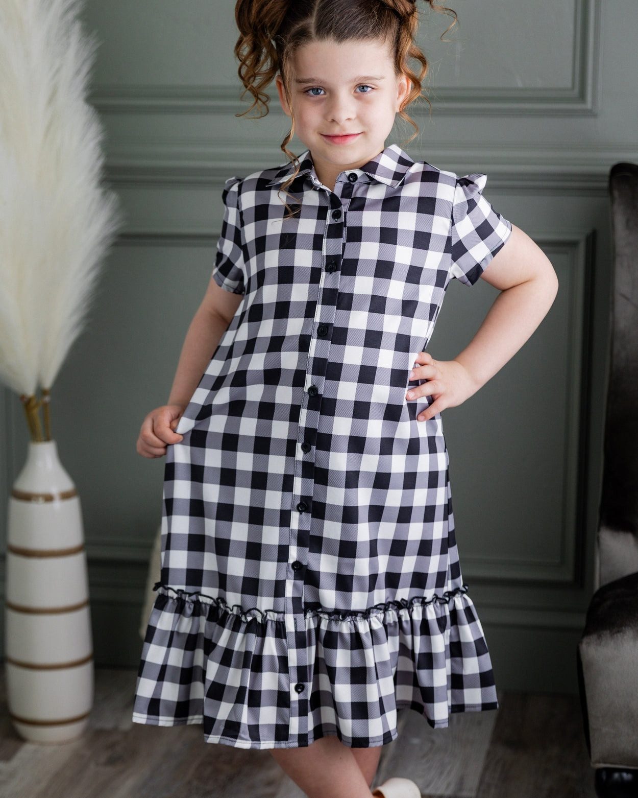 Gingham Button-Front Dress with Ruffled Hem — Tween Dresses