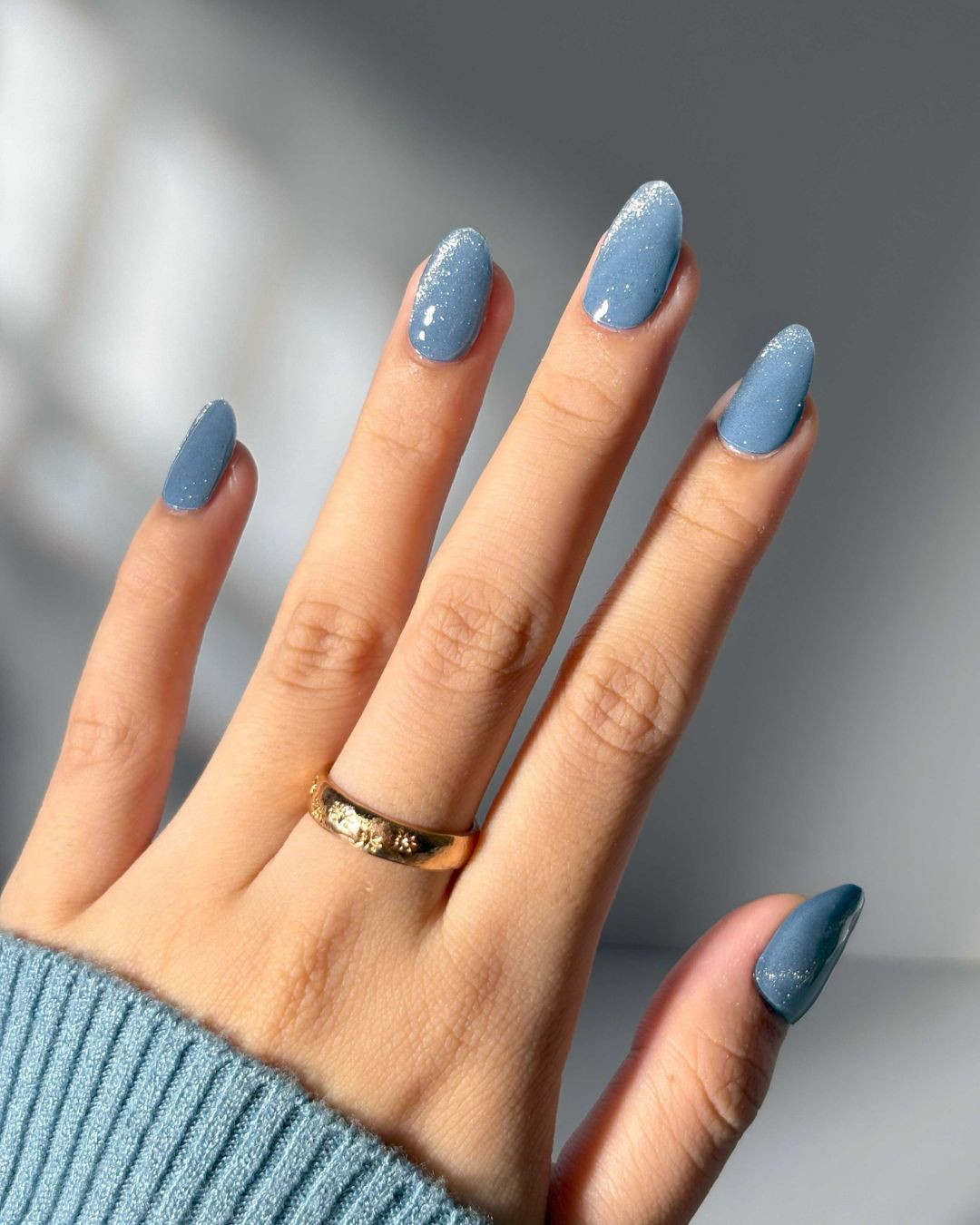 Dusty Blue Fine Glitter Almond Nails Dusty Blue Fine Glitter Almond Nails — Denim Nails