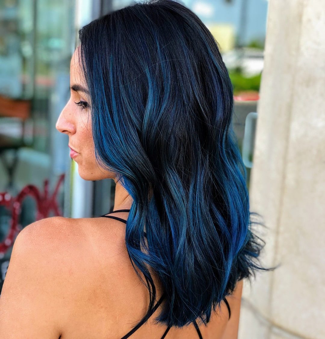 Chin Length Wavy Lob With Blue Ombre — Dark Blue Hair