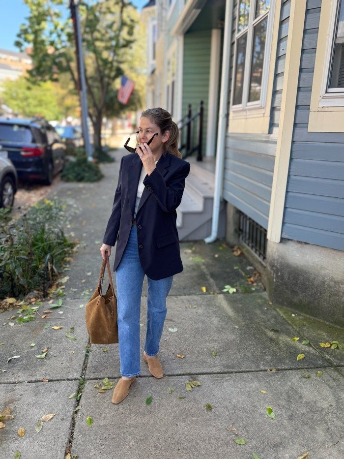 Navy Blazer and Jeans with Suede Mules for Smart Travel Navy Blazer and Jeans with Suede Mules for Smart Travel — Business Trip Outfits