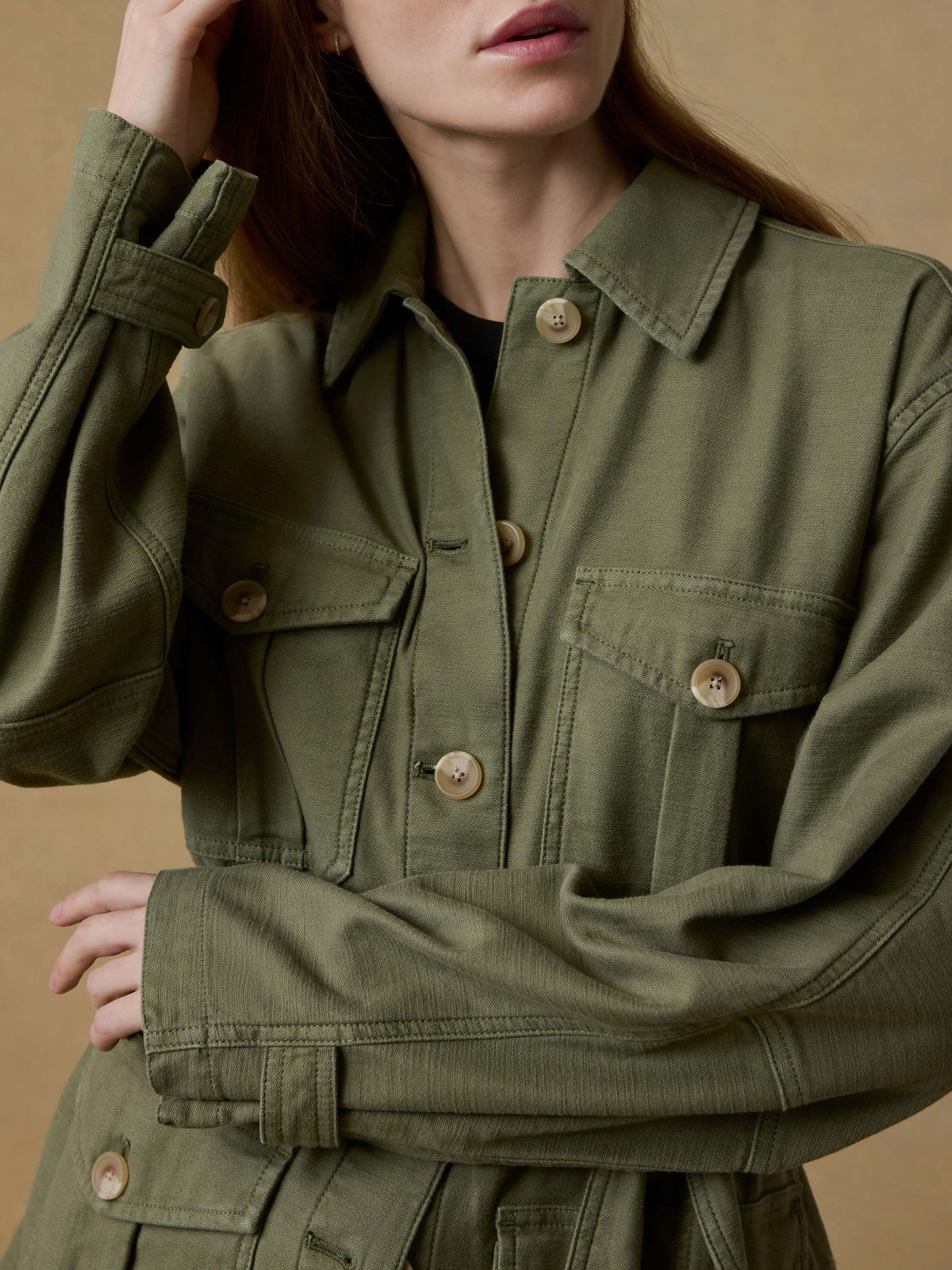 Casual Olive Green Utility Jacket with Black Tee — Safari Outfits