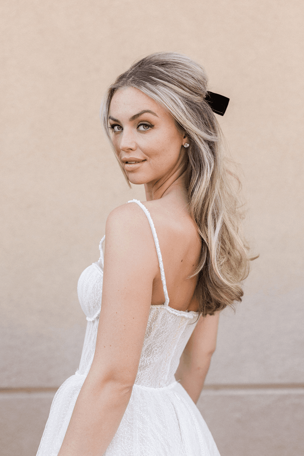 Ash Blonde Half Up With Black Bow Ash Blonde Half Up With Black Bow — Wedding Hairstyles