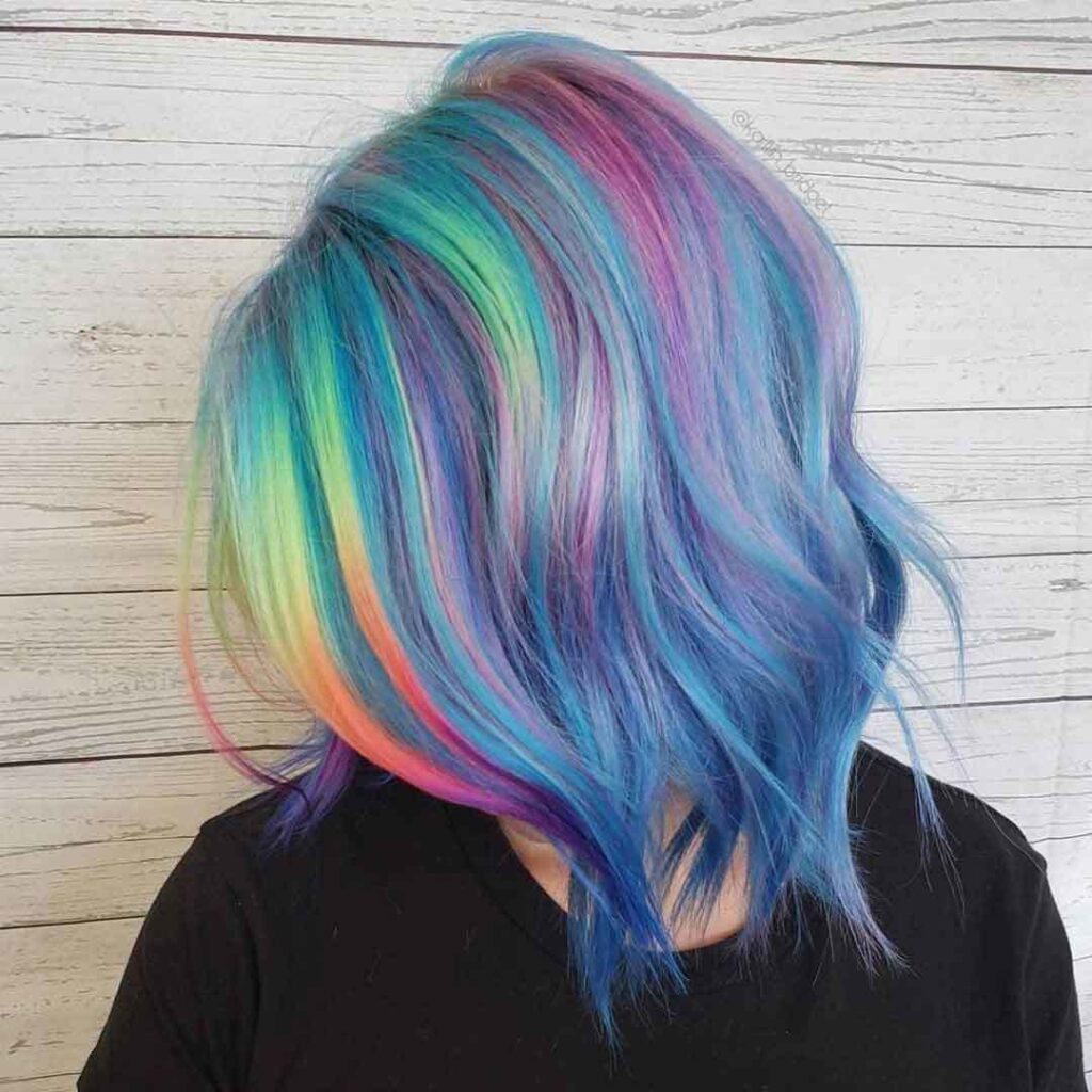 Blue Bob With Vibrant Rainbow Streaks — Holographic Hair