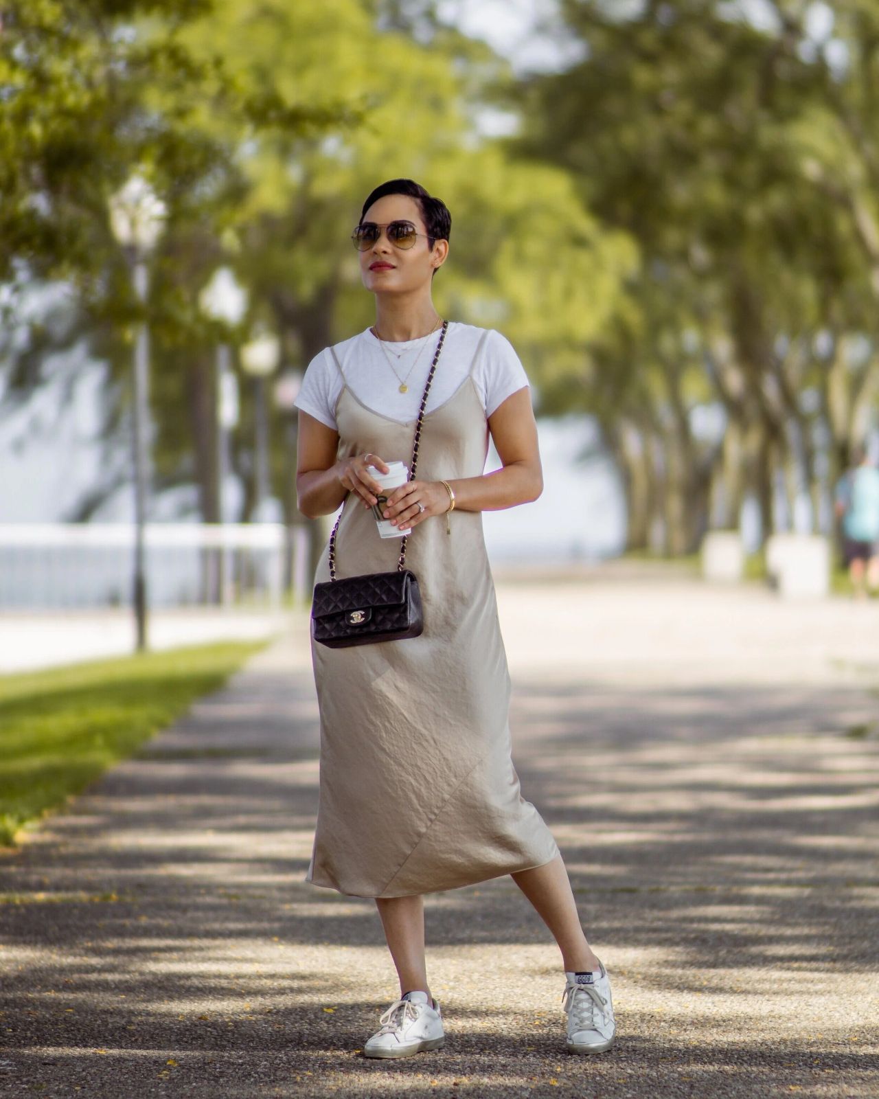 Casual Beige Silk Slip Dress with Layered T-Shirt Casual Beige Silk Slip Dress with Layered T-Shirt — Silk Dresses