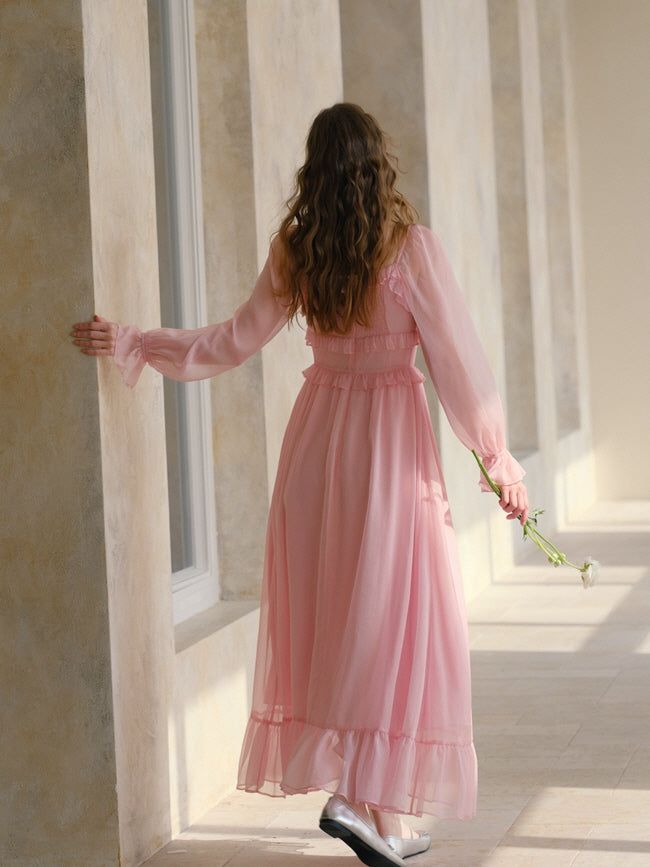 Blush Pink Chiffon Maxi Dress with Ruffled Sleeves — Chiffon Dresses