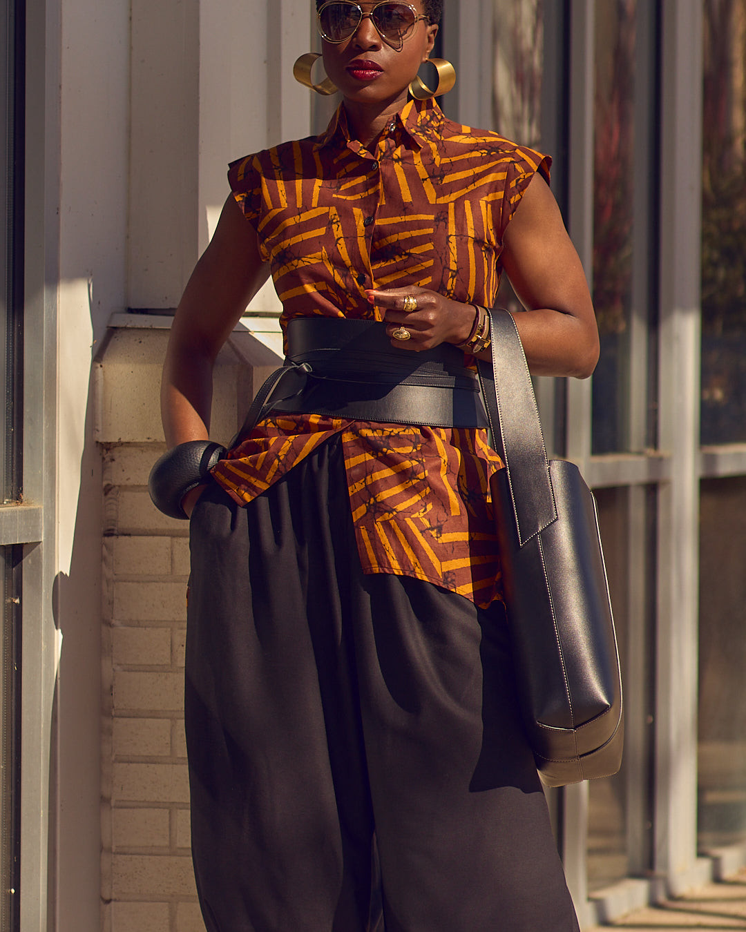 Wide Obi Belt Cinches Flowy Top and Wide-Leg Pants — Belt Outfits
