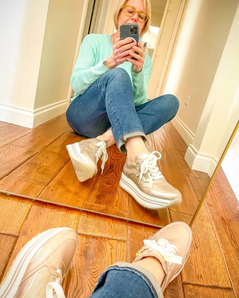 Metallic Gold Platforms with Mint Green Sweater Metallic Gold Platforms with Mint Green Sweater — Platform Sneakers Outfits