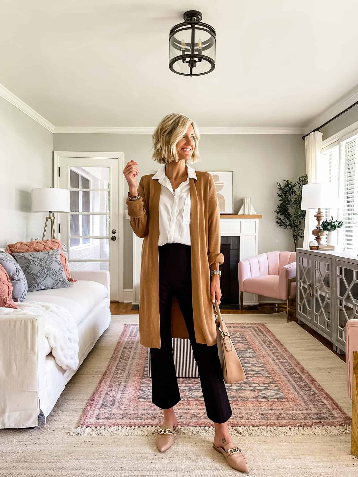 Longline Camel Cardigan with Straight-Leg Trousers Longline Camel Cardigan with Straight-Leg Trousers — Elementary Teacher Outfits