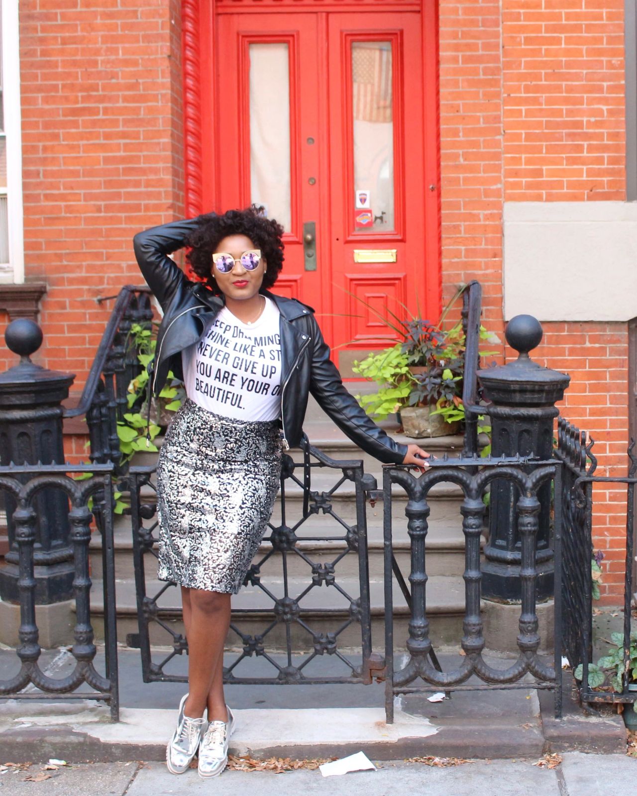 Silver Sequin Pencil Skirt with Graphic T-Shirt and Leather Jacket — Pencil Skirt Outfits