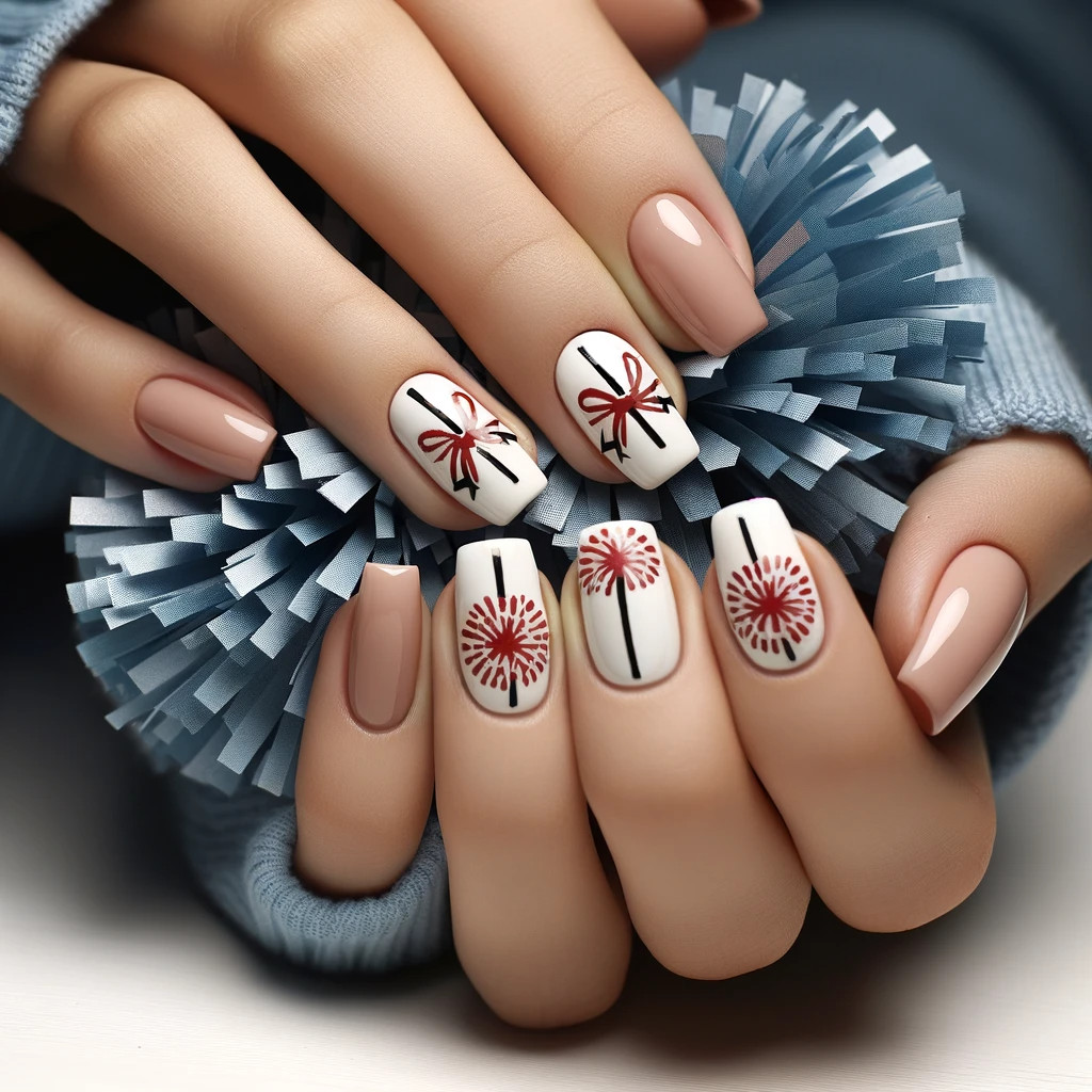 Nude with Red Bow & Dandelion Accents Nude with Red Bow & Dandelion Accents — Cheer Mom Nails