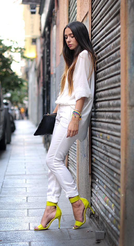 Bold Contrast: Neon Yellow Strappy Heels with White Trousers and Blouse Bold Contrast: Neon Yellow Strappy Heels with White Trousers and Blouse — Strappy Heels Outfits