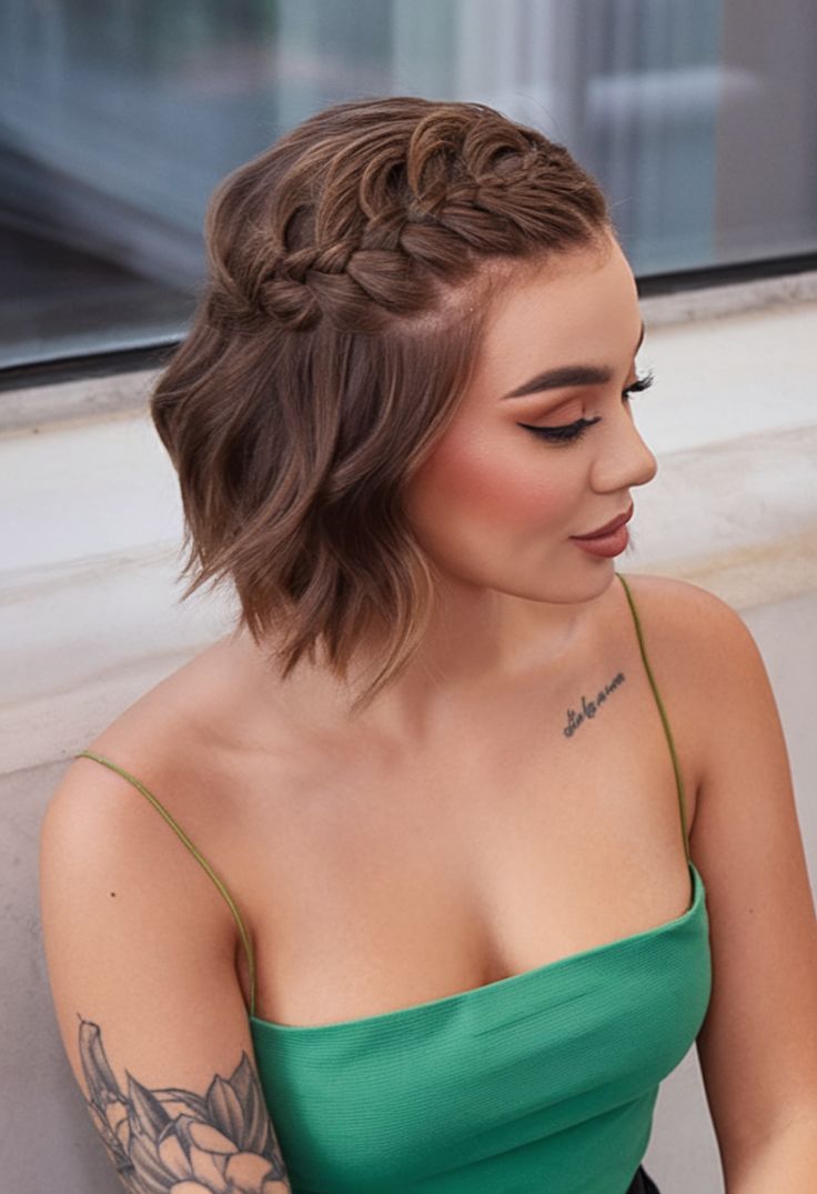 Brown Bob Half Updo with Side Braid Brown Bob Half Updo with Side Braid — Prom Hairstyles for Short Hair