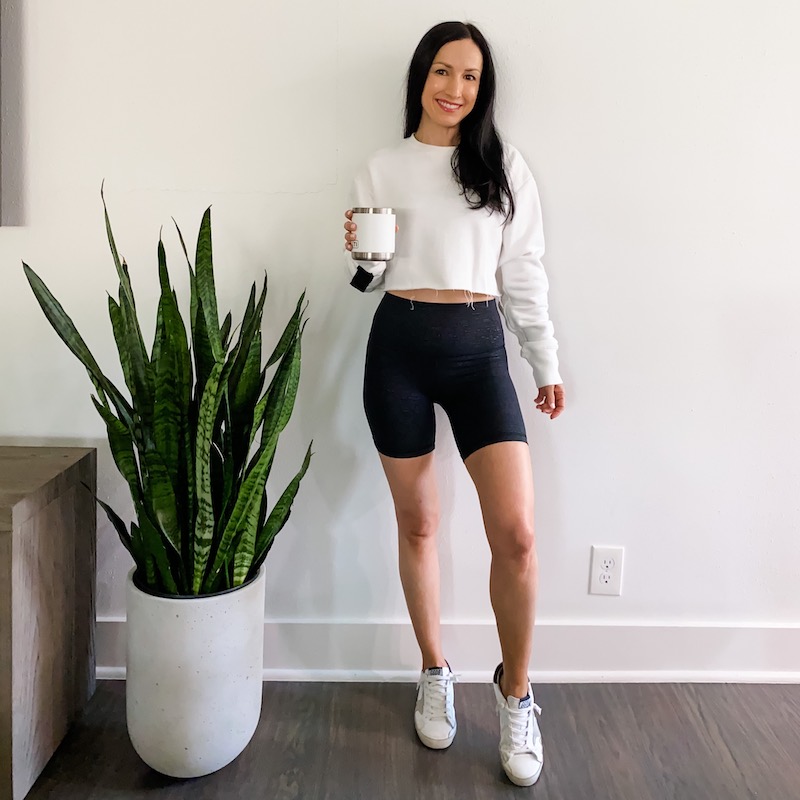 Textured Biker Shorts With Cropped Sweatshirt — Biker Shorts Outfits