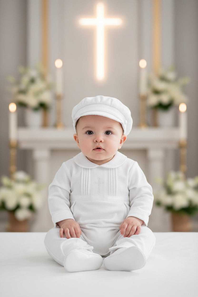 White Cotton Baptism Outfit with Chest Embroidery — Baptism Outfits