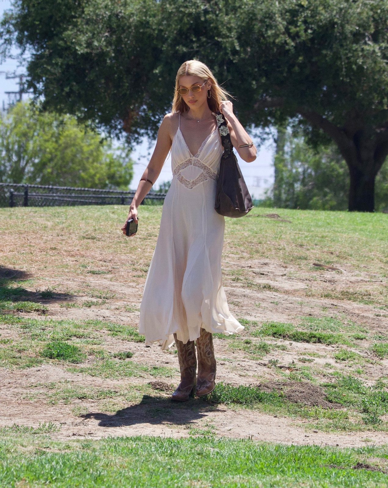 Flowy White Slip Dress with Classic Brown Cowboy Boots — Cowboy Boot Outfits with Dress