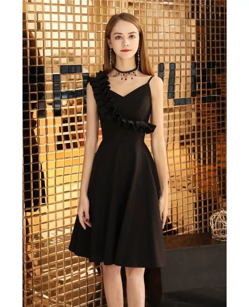 Black Ruffled One-Shoulder A-Line Dress — Semi Formal Dresses