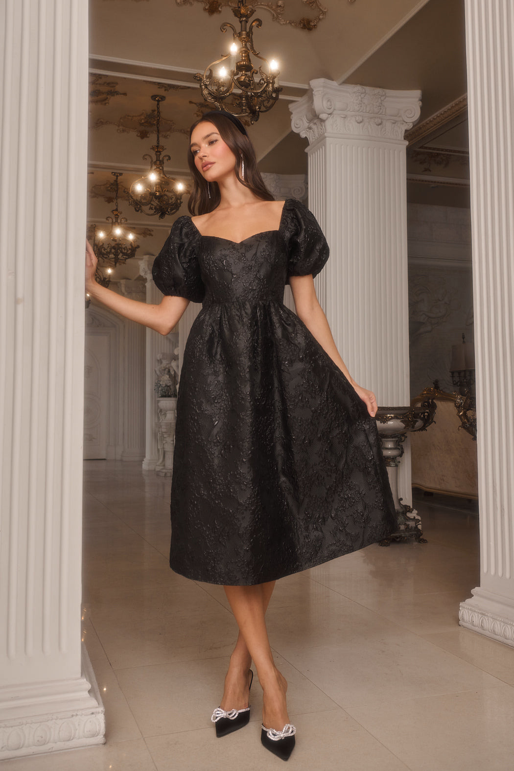 Sophisticated Black Jacquard Puff Sleeve Midi Dress for Evenings Sophisticated Black Jacquard Puff Sleeve Midi Dress for Evenings — Puff Sleeve Dresses