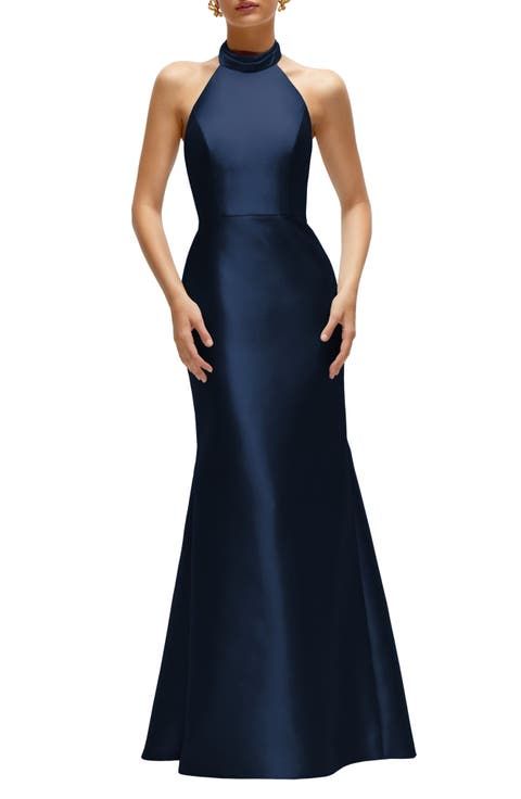 Navy Satin Mermaid Halter Dress — Halter Dresses