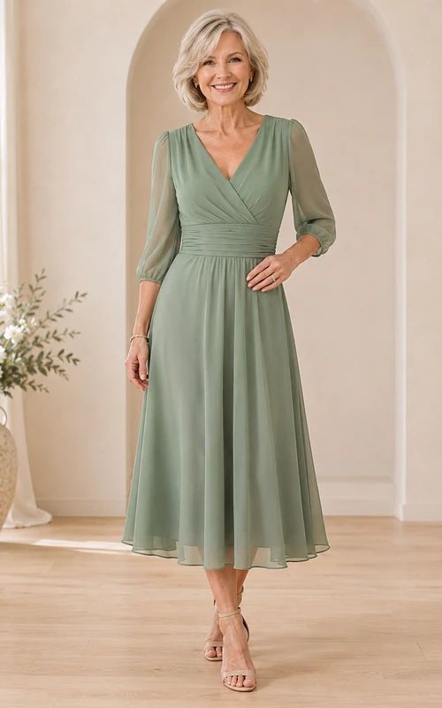 Sage Green Chiffon Midi Dress with Ruched Waist and Sheer Sleeves Sage Green Chiffon Midi Dress with Ruched Waist and Sheer Sleeves — Mother of the Bride Dresses