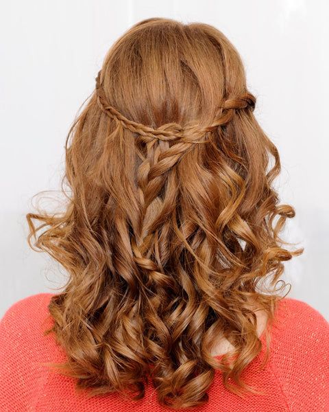 Red Braided Crown Collarbone — Half Up Half Down Wavy Hair
