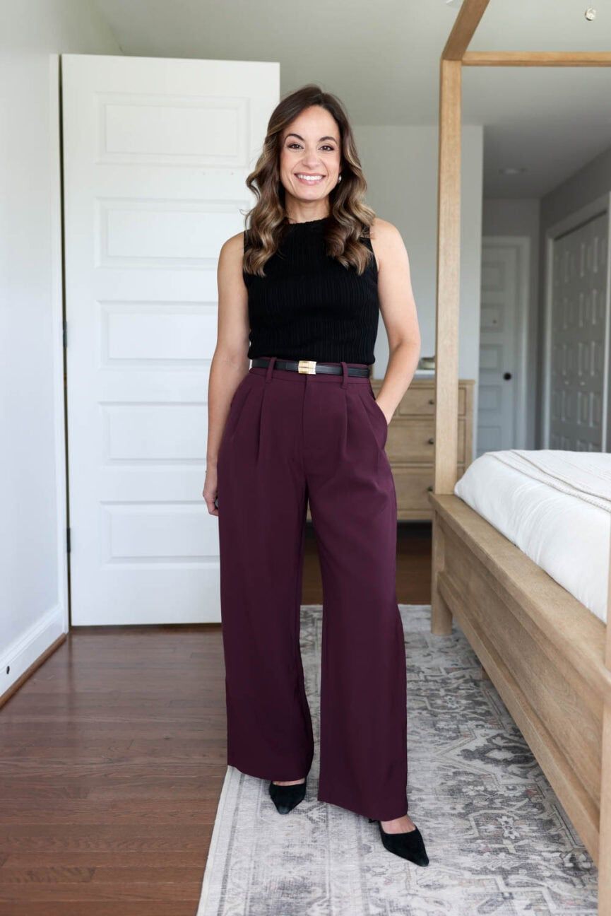 Ribbed Knit Top with Burgundy Palazzo Pants Ribbed Knit Top with Burgundy Palazzo Pants — Palazzo Pants Outfits