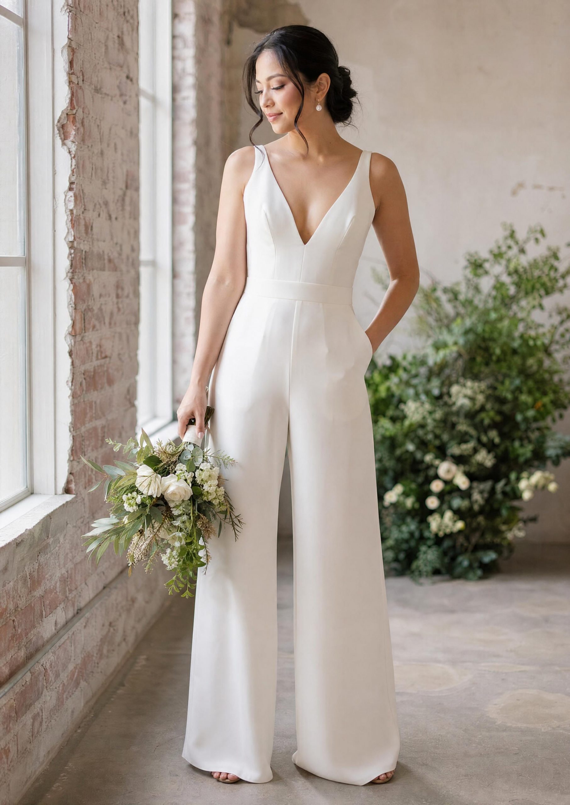 Chic White Crepe Jumpsuit for Bridal Occasions Chic White Crepe Jumpsuit for Bridal Occasions — Jumpsuits
