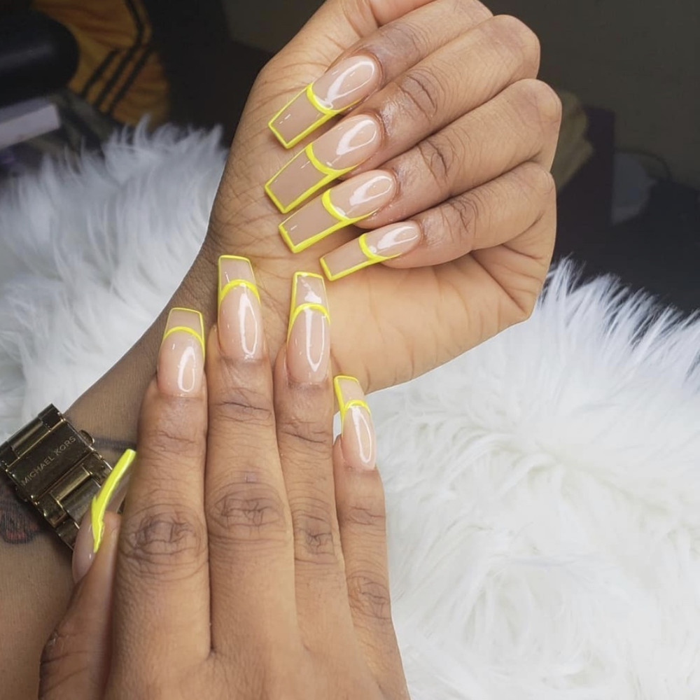 Neon Yellow French Tip Long Square Nails Neon Yellow French Tip Long Square Nails — Nails for Fat Fingers