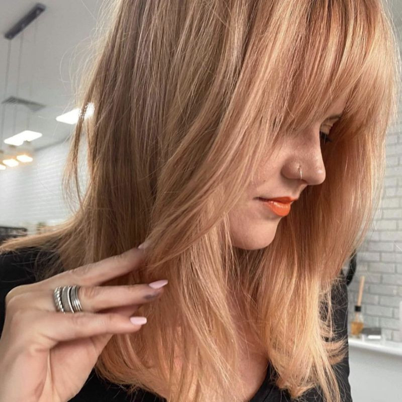 Soft Peach Collarbone Lob With Side Bangs Soft Peach Collarbone Lob With Side Bangs — Peach Hair