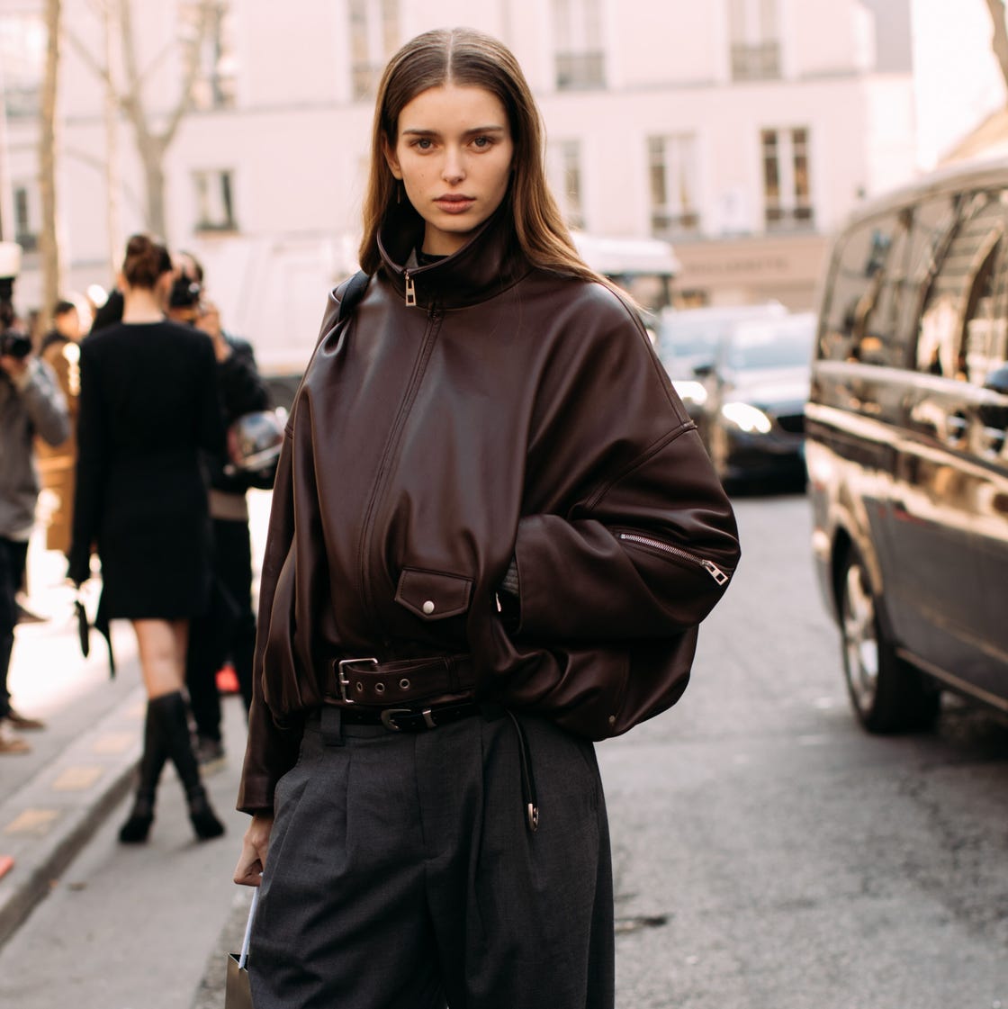 Oversized Brown Bomber with Belted Grey Trousers — Bomber Jacket Outfits