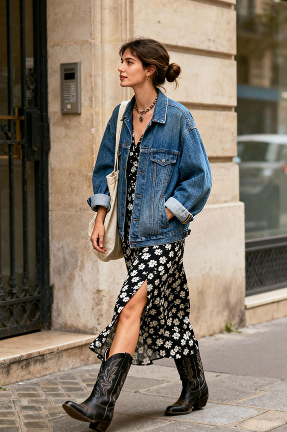 Black Cowboy Boots with Floral Midi Dress and Denim Jacket — Cowboy Boots Outfits