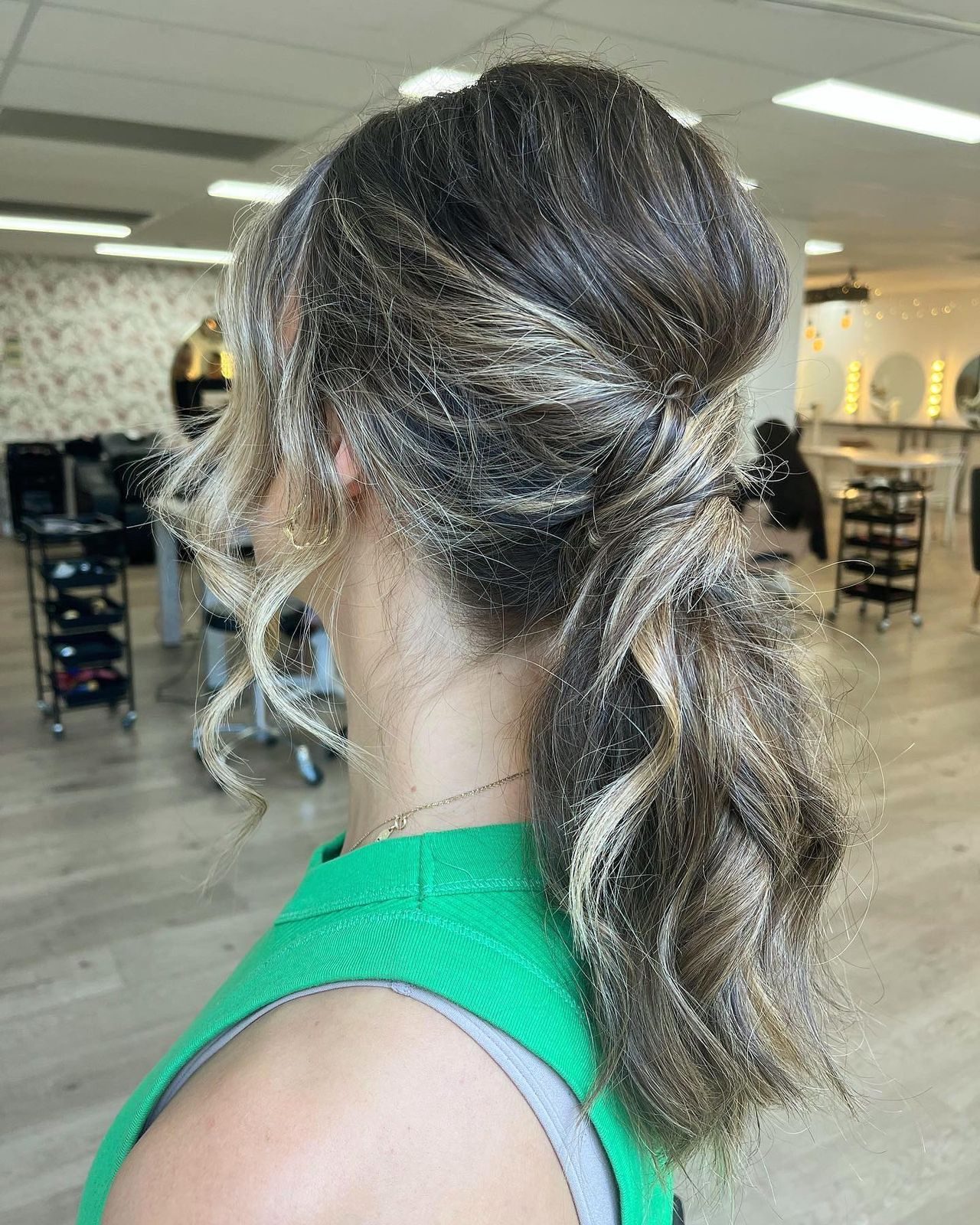 Dark Brown With Blonde Highlights Twisted Dark Brown Ponytail Dark Brown With Blonde Highlights Twisted Dark Brown Ponytail — Ponytail with Curtain Bangs