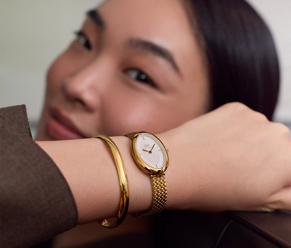 Gold Oval Watch with Mesh Strap and Bangle — Gold Watches for Women