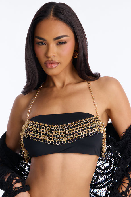 Intricate Gold Body Chain Over Black Bandeau Intricate Gold Body Chain Over Black Bandeau — Body Chain Outfits
