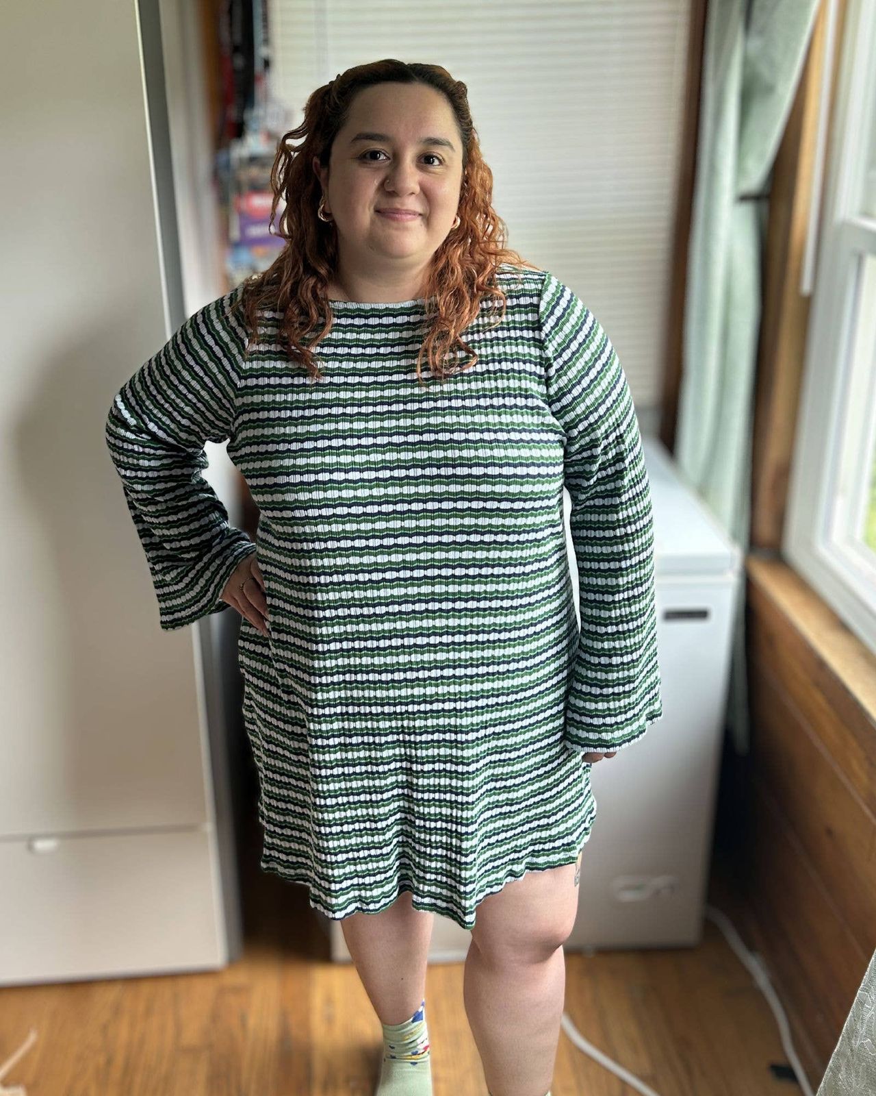 Striped Knit Mini Dress with Bell Sleeves — Dresses for Short Women