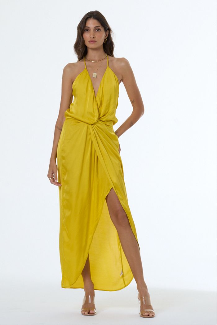 Yellow Satin Maxi Dress with Draped Front and Slit — Satin Dresses