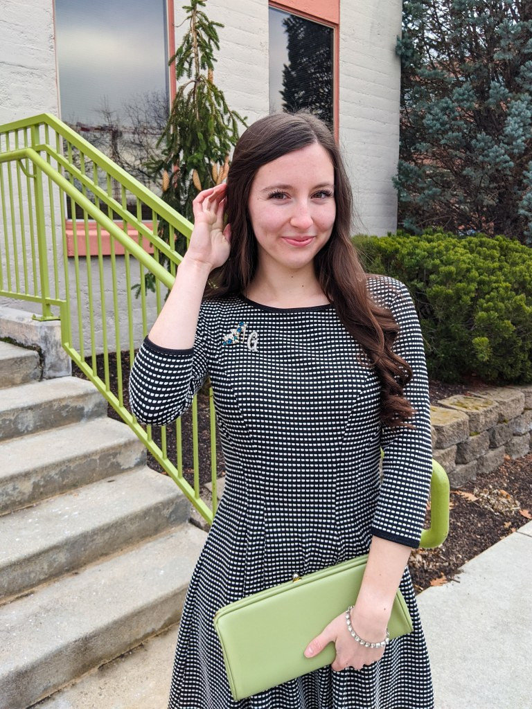 Patterned Dress with a Small, Colorful Brooch Accent Patterned Dress with a Small, Colorful Brooch Accent — Brooch Outfits