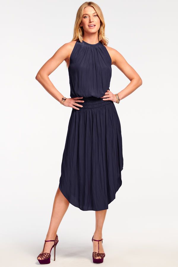Navy Halter Neck Dress with Gathered Waist and Asymmetrical Hem — Rehearsal Dinner Dresses