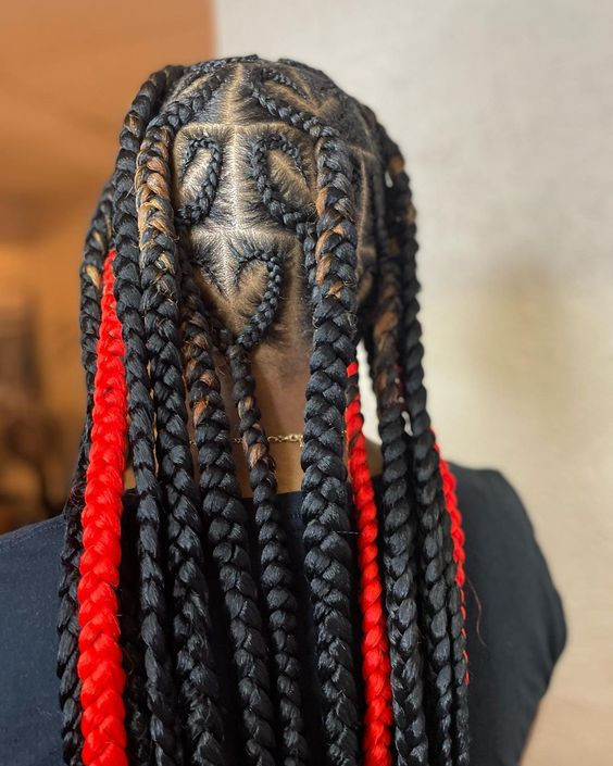 Box Braids with Red Highlights and Heart Details Box Braids with Red Highlights and Heart Details — Heart Part Braids