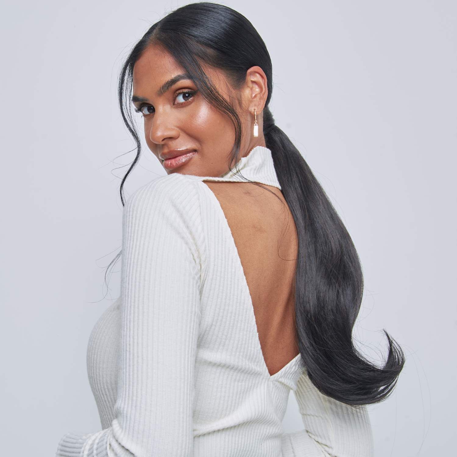 Mid-Back Dark Brown Ponytail With Caramel Highlights — Sleek Low Ponytail