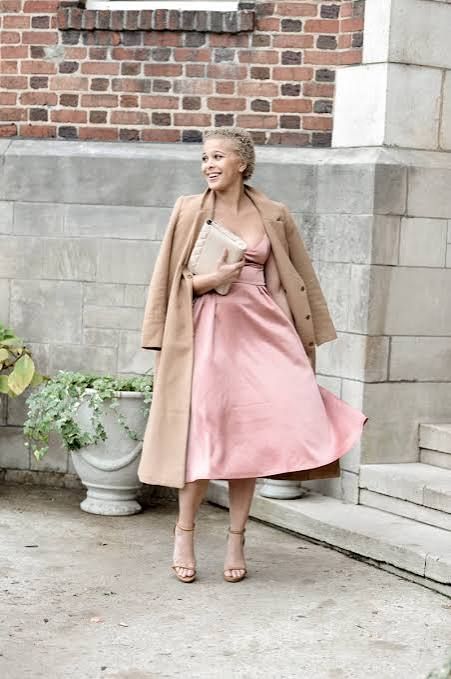 Pink Satin A-line Dress with Beige Coat — Satin Dress Outfits