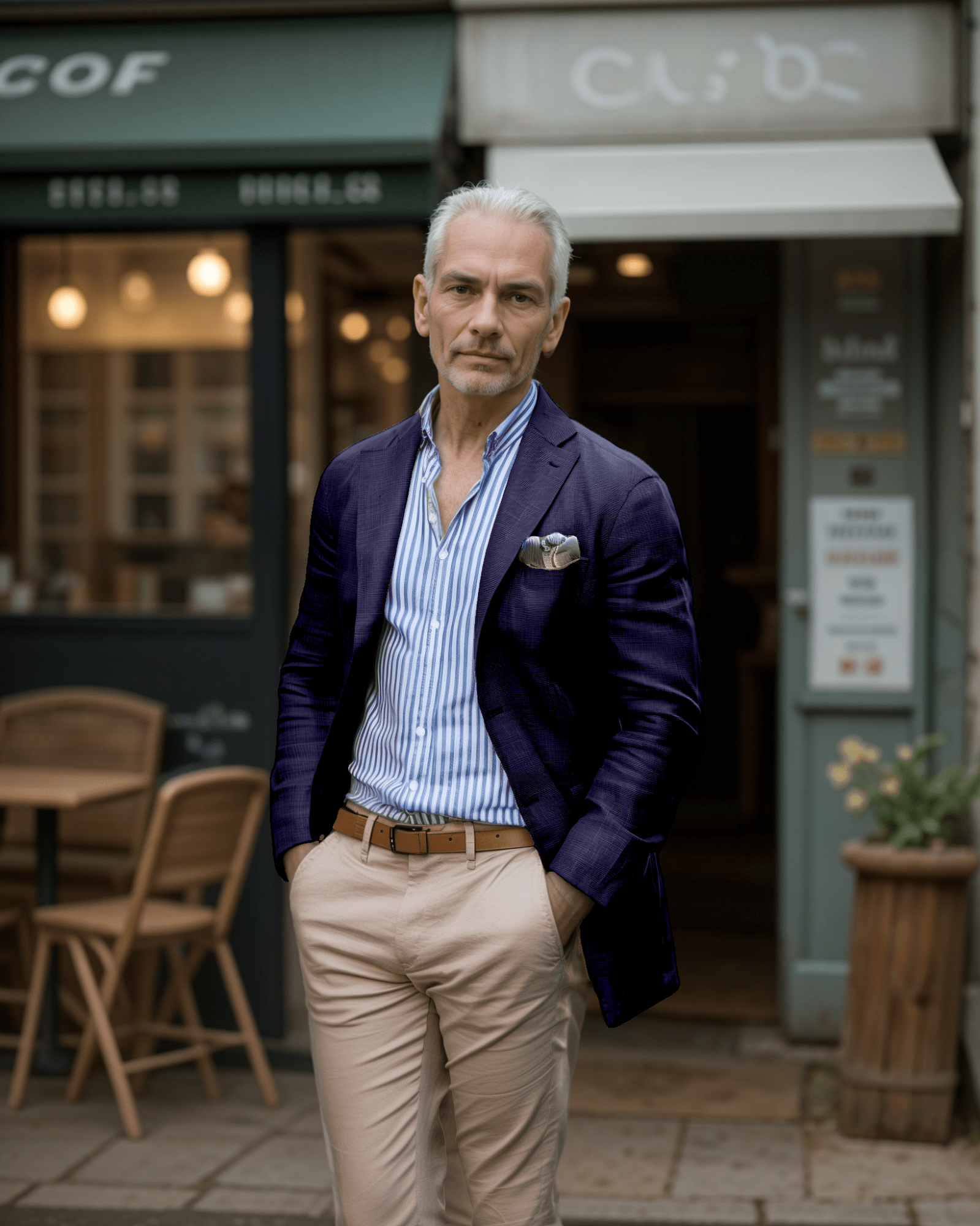 Navy Blazer with Striped Shirt and Beige Trousers Navy Blazer with Striped Shirt and Beige Trousers — Mens Business Casual Outfits