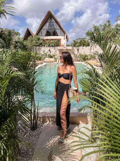 Chic Black Bikini with High-Slit Wrap Skirt — Costa Rica Outfits