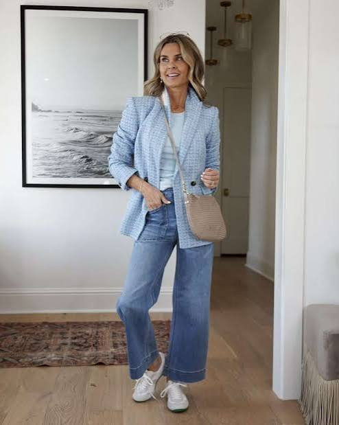 Textured Tweed Blazer Layered Over Wide-Leg Denim Textured Tweed Blazer Layered Over Wide-Leg Denim — Light Feminine Outfits