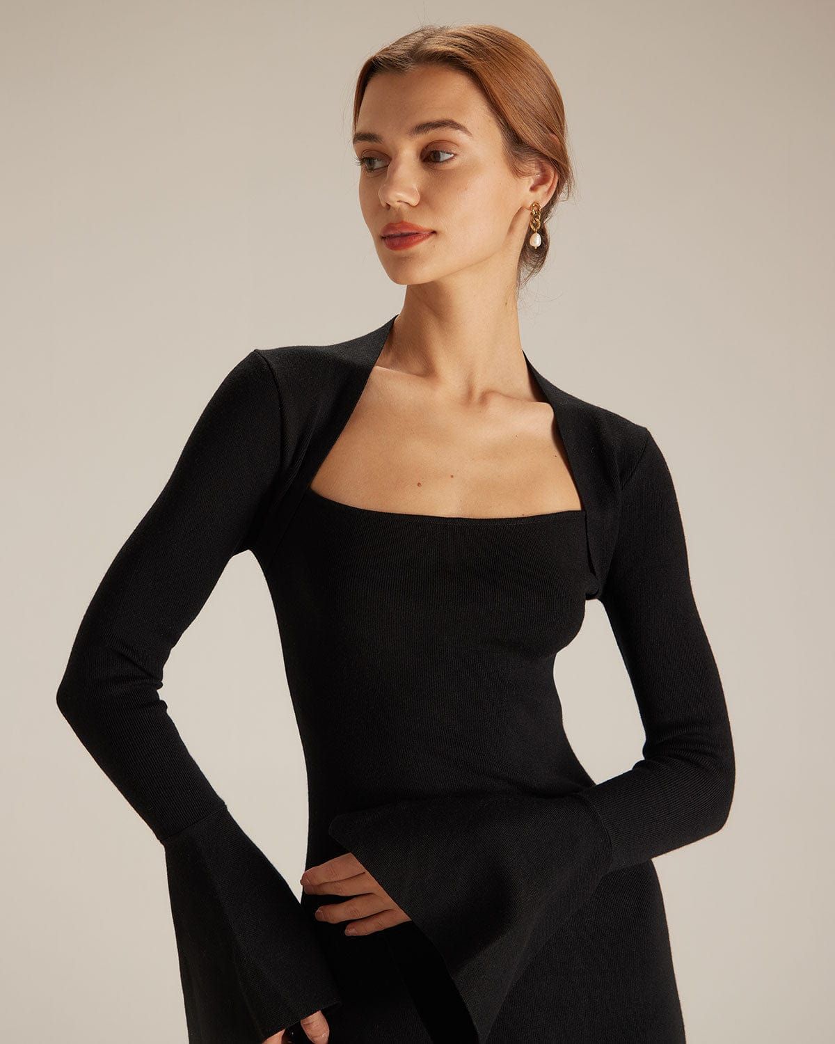 Black Heeled Sandals Black Ribbed Knit Midi Dress with Flared Sleeves for Evening Black Heeled Sandals Black Ribbed Knit Midi Dress with Flared Sleeves for Evening — Square Neck Dresses