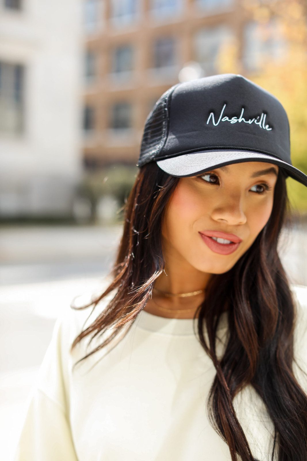 Embroidered 'Nashville' Trucker Hat with Light Yellow Tee Embroidered 'Nashville' Trucker Hat with Light Yellow Tee — Trucker Hat Outfits